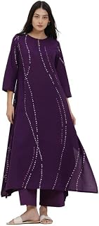 Pink Fort Women Kurta Bottom Set | Cotton Bandhani Asymmetric Round Neck with 3/4th Sleeve Kurta Set for Casual Wear | Purple Price In India