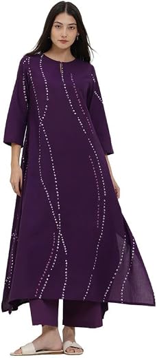 Pink Fort Women Kurta Bottom Set | Cotton Bandhani Asymmetric Round Neck with 3/4th Sleeve Kurta Set for Casual Wear | Purple