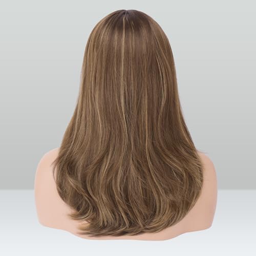 Image of FESHFEN Wigs with Bangs for Women, Synthetic Natural Looking Long Layered Straight Hair Wig for Women Daily Party Use, 18 inch Brown Mixed Blonde