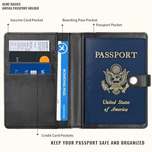 Acme Basics AirTag Reisepasshülle mit AirTag Gepäckanhänger Combo und AirTag-Haltern Impfkarte, Ausweis, Bordkarte, Kreditkartenschutz für Männer und Frauen, Schwarz, Classic