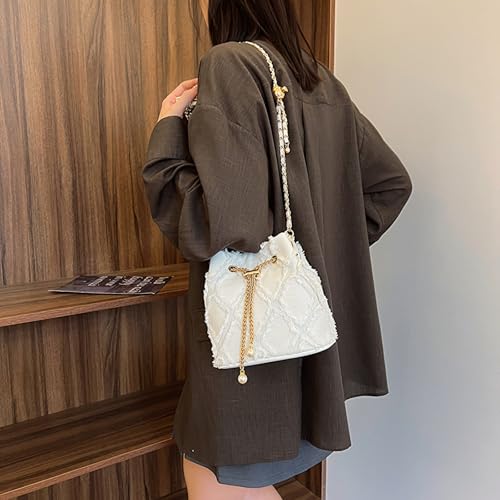 Image of Denim Bucket Bag Quilted Drawstring Jean Purses for Women Denim Clutch Hobo Bags Crossbody Handbag