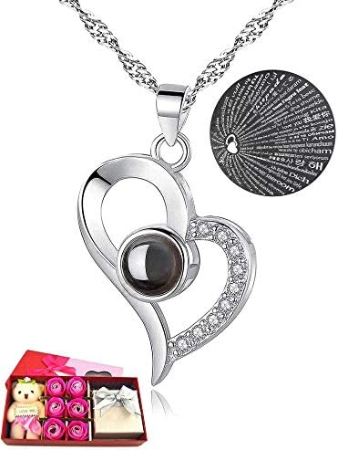 Body Chain Store I Love You Necklace - 100 Languages, Nano Jewelry Projection Pendant - Gift Box With Cute Teddy Bear, 6 Scented Rose Flowers - Romantic Presents For Wife, Girlfriend, Mom, Daughter