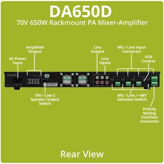 Dayton Audio DA650D Commercial Audio Amplifier 650W 70V/ 100V/ 4 Ohm Mixer - 4 Mic 2 Aux 1 Telephone Input