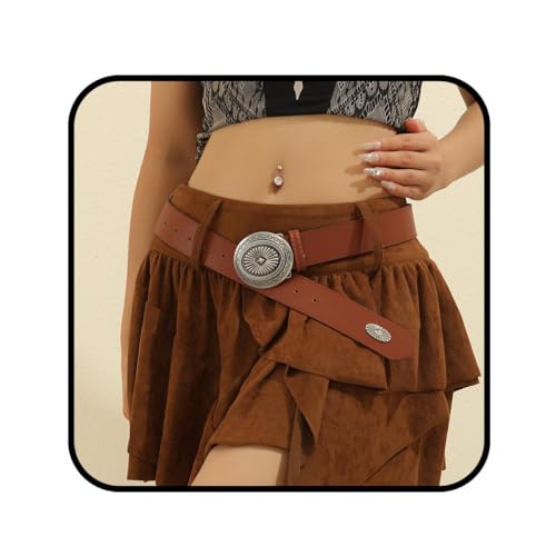 Women Western Belt for Jeans Vintage Cowgirls Belts with Silver Buckle Brown Cowboys Waist Belts for Ladies
