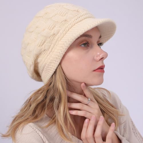 DURINM Warme Winter mütze Fleece Mütze Schirm Visor Wintermütze Damen Warme Gefütterte Wintermützegestrickte Schirmmütze Baseballmütze mit Weiches Dickes Fleecefutter (beige)
