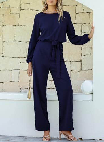 Happy Sailed Women Casual Loose Long Sleeve Belted Wide Leg Pant Romper Jumpsuits Medium Blue - Thumbnail 6