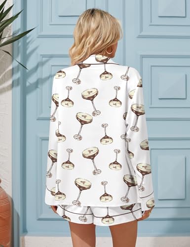 Image of SHESHOW Satin Pajama Set for Women Button Down Long Sleeve Top and Shorts Loungewear Set Funny Print Sleepwear XS-XXL