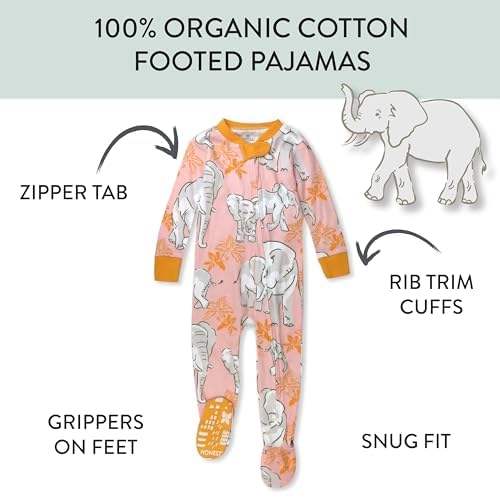 HonestBaby Non-Slip Footed Pajamas One-Piece Sleeper Zip-Front Pjs 100% Organic Cotton for Baby Girls, Boumbi Pink Elephant, 18 Months