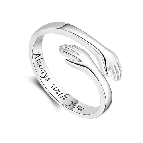 Zecimi Fingerringe Silber Damen Umarmungsring mit Immer bei Dir Gravur Hände Umarmend Silber Ringe Offen Verstellbar Freundschaftsringe für Beste Freunde Mädchen Frauen Geschenk mit Grußkarte