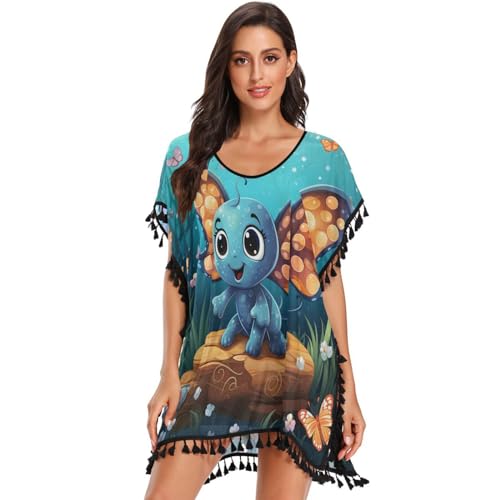 Sea Flower Animals Octopus Women's Beach Cover Up Chiffon Tassel Swimwear Swimsuit Coverups for Girl
