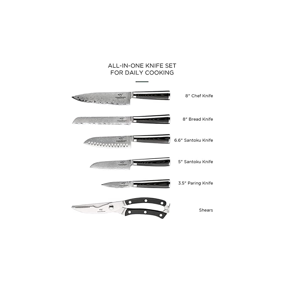 Knife Sets for Kitchen with Block, 7 Pieces Damascus Knife Set, VG10 Steel with Micarta Handle, Chef Knife Set and Kitchen Shear
