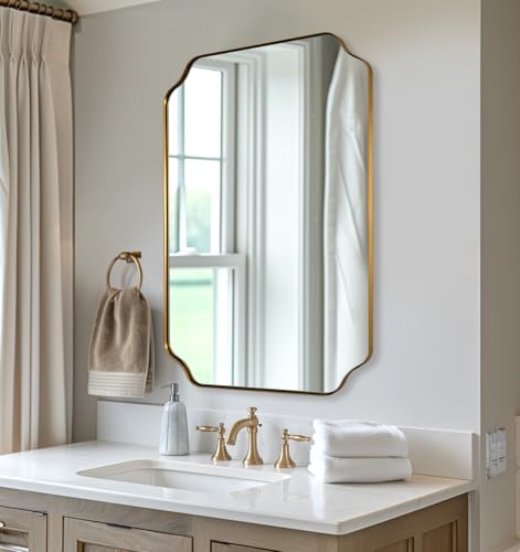 ANDY STAR 20x30 Brushed Gold Scalloped Mirror Bathroom Mirror for Over Sink Antique Champagne Bronze Mirror in Rustproof Stainless Steel Thin Frame Compact Size Ideal for Small Bathroom Remodel