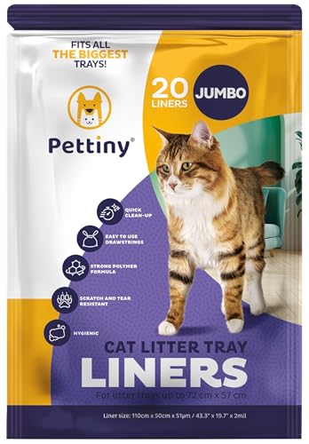 Pettiny Jumbo Cat Litter Tray Liners with Drawstrings – Pack of 20 Scratch Resistant Bags for Giant Litter Box