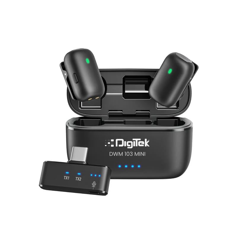 Digitek DWM 103 Mini 2-in-1 Wireless Microphone, 2.4G Wireless Mic, 40m Range, 6Hr Battery, Noise Reduction, for iOS & Android Smartphone, Ideal for Live Interviews Meetings, Vlogging Live, Streaming