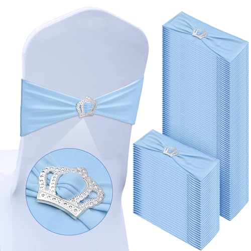 VitalCozy 100 Pcs Spandex Chair Sashes with Crown Buckle, Baby Blue