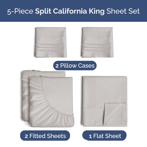 Image of Split Cal King Bed Sheet Set - 5 Piece Split Cal King Sheets - Light Grey | Ultra-Soft, Breathable & Cooling - Comfy, Wrinkle & Fade Resistant - Fits 8 inch to 16 inch Inch Mattress with Deep Pockets