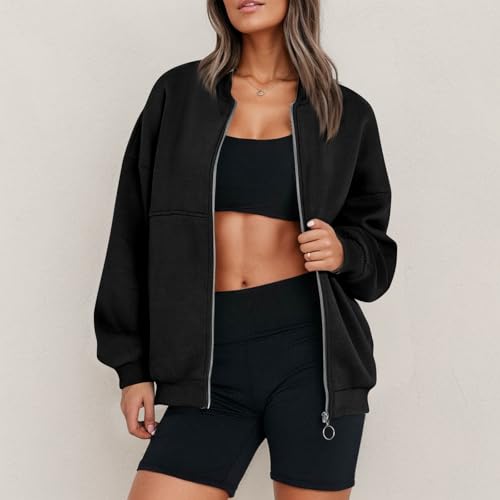 Fleece Jacket Women Zip Up Sweatshirt Casual Loose Fit Oversized Hoodie Trendy Bomber Jacket Long Sleeve Coats3