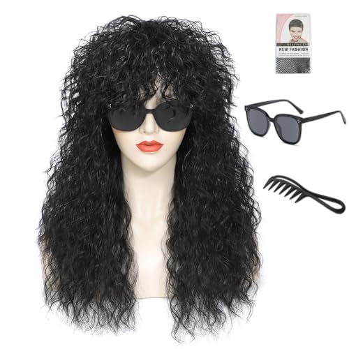 Auguyist Heavy metal rock wig with voluminous curls — perfect for Halloween costumes, 1980s-themed parties, and cosplay (Black)