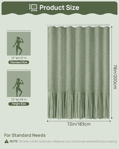 Carttiya Farmhouse Shower Curtain Linen Boho Ruffle - Textured Fabric Shower Curtain Set with Hooks, 72\"x78\", Rustic Vintage Look - Decorative Tall Bathroom Curtain for Tub & Stall Showers, Green - Thumbnail 5