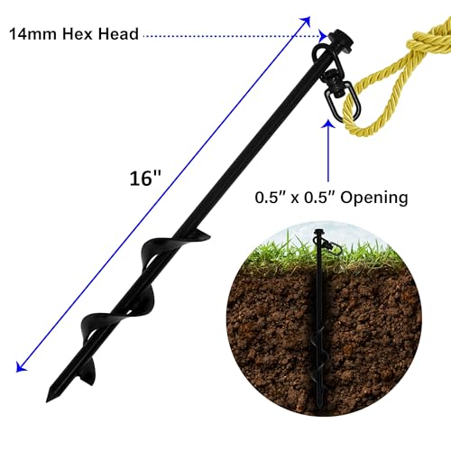 VASGOR 16” Ground Anchors (4pcs) Easy to Use with Drill, Heavy Duty Anchor Hook for Camping Tent, Canopies, Car Ports, Sheds, Swing Sets, Securing Animals – Black Powder Coated