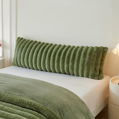 MEGO Fluffy Faux Rabbit Fur Body Pillow Cover Luxury Plush Fuzzy Striped 20x54 Bedroom Body Pillowcase Moss Green Furry Long Bed Pillow Case with Zipper for Kids Girls Teens Adults Sage Green