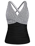 Hilor Plus Size Tankini Swimsuits for Women with Underwire Bra Ruched Swim Top Only Tummy Control Bathing Suit Black&White Stripes 18