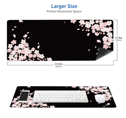 Image of IMAYONDIA Sakura Japanese Desk Mat, Cherry Blossom Large Gaming Mouse Pad, Black Elegant Floral Mousepad for Women, Minimalistic Flower Aesthetic Desk Pad for Work, Game, Office, 31.5x11.8