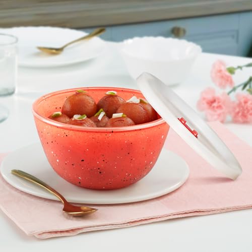Image of Borosil 750ml Serving & Mixing Bowl with Lid | Made in India Borosilicate Glass Bowl for Kitchen & Dinning | Bowl for Mixing Dough, Salad, Batter | Microwave & Dishwasher Safe (Kube Pink)