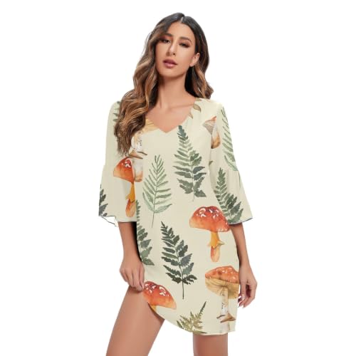 Robe Vintage Champignons à Col en V pour Femme, Coupe Fluide d'Été
