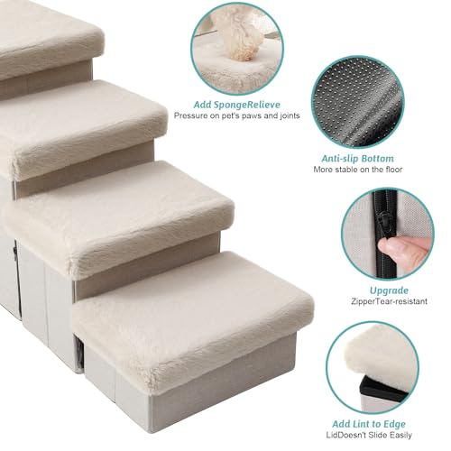 COZY KISS Dog Stairs for Small Dogs with Storage and Condo, 17.5\" H Foldable Pet Stairs for Small Medium or Puppy Dogs and Older Cats, Dog Steps for Bed or Couch, 13x35x17.5 inch, 4 Tiers, Beige - Thumbnail 2