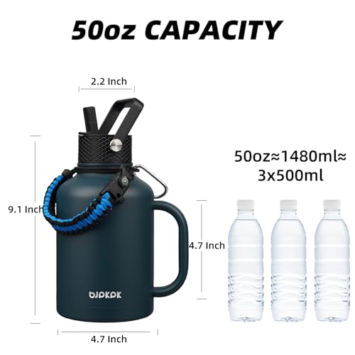 Image of BJPKPK Large Insulated Water Bottles with Straw Lid & Handle, 50oz Water Bottle with 3 Lids and Paracord Strap, Stainless Steel Metal Water Bottle, Insulated Water Jug, Navy Blue