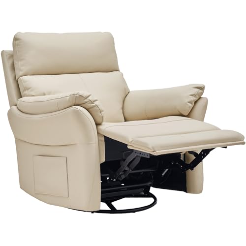 AIRSKY Schaukelsessel Relaxsessel Echtleder Big Drehschaukelstuhl Fernsehsessel mit Liegefunktion Lazy Recliner Seniorensessel TV Sessel mit Schlaffunktion Rocking Chair Schlafzimmer,Beige