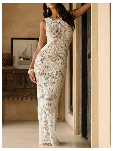 SHENHE Women's Sheer Swim Coverups Crochet Floral Maxi Dress Hollow Out Beach Cover Up Sundress3