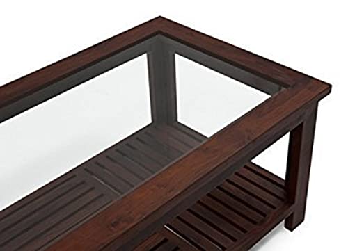 Image of Solid Sheesham Wood Modern Rectangular Coffee Table with Glass Top for Living Room with Bottom Storage Shelf /Glass Center Table for Sofa (Walnut)