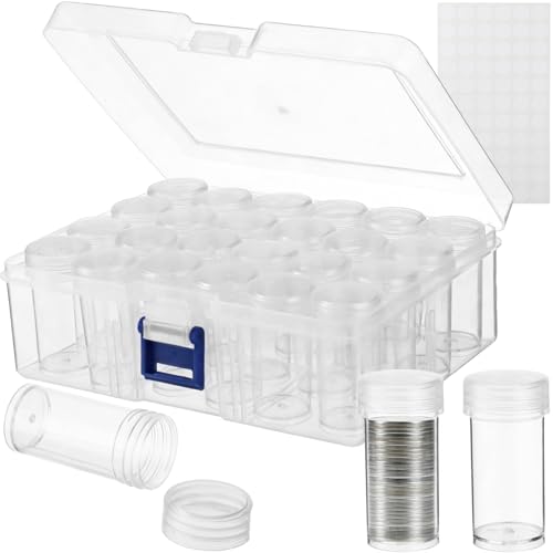 Tube pour pièces de monnaie lot de 24 avec boîte transparente et étiquettes pour rangement