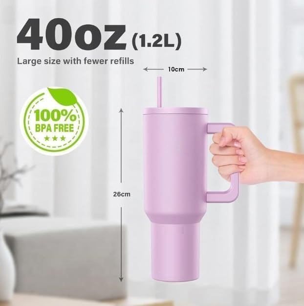 Image of 1200ml Stainless Steel Tumbler with Handle, Lid & Straw, Double Wall Insulated Travel Mug for Hot & Cold Drinks, Leakproof Large Capacity Cup for Office, Gym & Car Holder (Purple)