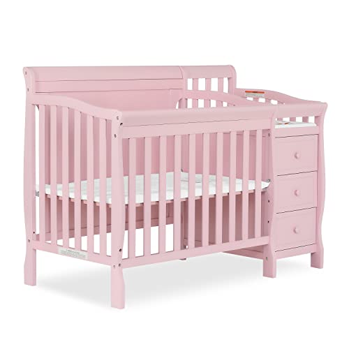 Image of Dream On Me Jayden 4-in-1 Full Panel Mini Convertible Crib and Changer in Pink, Non-Toxic Finish, Made of Solid Pinewood, 3-Position Mattress Support System, Comes with 1'' Changing Pad