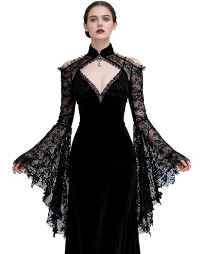 L'VOW Lace Bolero Shrug Gothic Flared Arm Sleeves Crop Top Open Front Victorian Lace Sleeves Witch Cosplay(Black,L)