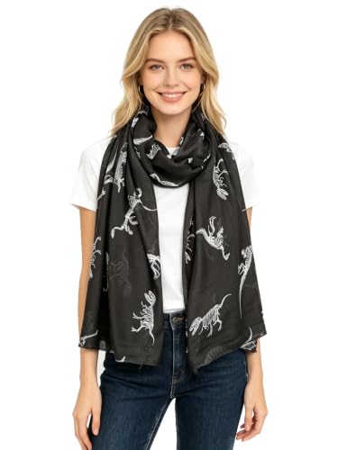 Lina & Lily Dinosaur Print Women's Scarf Shawl Wrap Lightweight (Black)