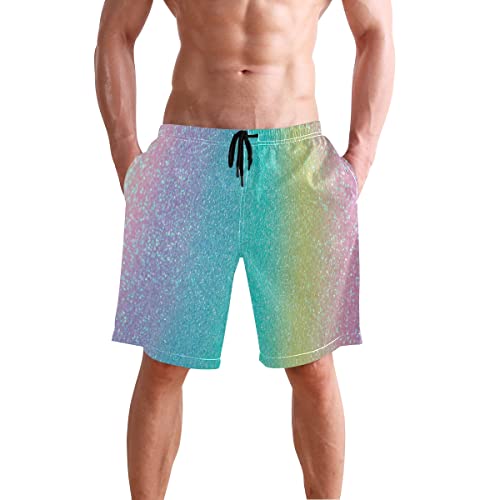 Iridescent Rainbow Glitter Men's Swim Trunks Quick Dry Beach Shorts with Mesh Lining Pockets Swimwear XL
