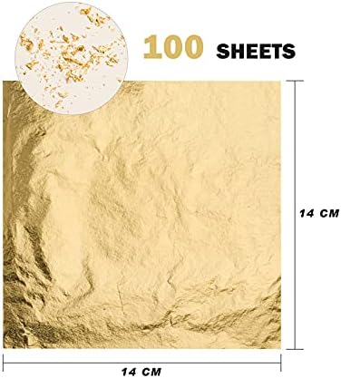 KraftiSky Gold Leaf Sheets - 100 Gold Foil Sheets - 14 x 14 cm Multipurpose Gold Leaf for Nails, Art & DIY Projects, Picture Frames, Home Walls, Interior and Multi Artistic Decoration (Foil)