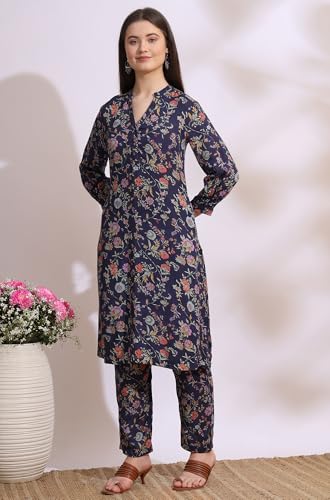 Image of W for Woman Reef Blue Floral Printed Modal Straight Kurta, Pants and Dupatta Set