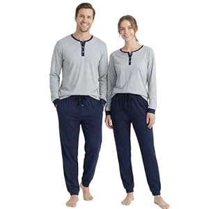 U2SKIIN Langarm Schlafanzug Set für Herren, 2-teilig, Herren Pyjama Set für Paare, Hose mit Kordelzug und Taschen, weich Homewear mit ÖKO-TEX® Zertifiziert (Hellgrau Mel. / Marineblau, M)