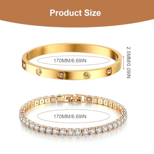 2 Tennis Bracelets for Women, 6mm Wide Gold-Tone Cubic Zirconia Bands, Elegant Jewelry Gift2