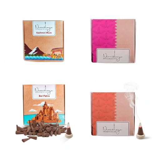 Nirmalaya Premium Incense Cones Variety Pack - Organic Dhoop Cones for Pooja and Fragrance | Set of 4 Scents: Bel Patra, Kashmiri Musk, Sandalwood, and Rooh Rose (40 Units Each)