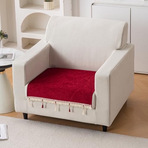 Image of HOKIPO 'Serenity Tassel' Chenille 1 Seater Sofa Cover with Tassel - Crimson Ruby (IN-890-MRN)