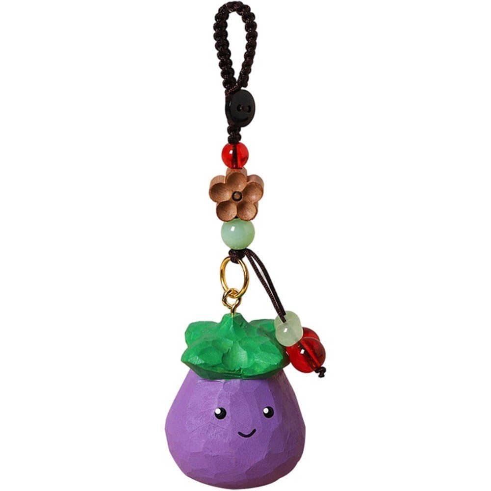 Ppmter Wooden Eggplant Keychain Bag Charm, Hand-carved Vegetable Pendant Charm Keyrings Bag Pendant Accessory for Backpacks and Keys
