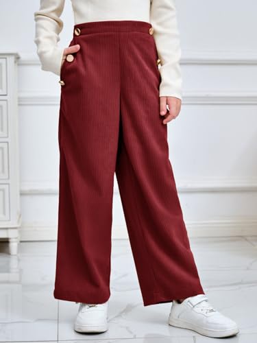Image of Haloumoning Girls Wide Leg Corduroy Pants Kids Elastic Waist Gold Button Trousers with Pockets 5-14 Years