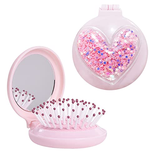 2 Pack Folding Travel Mini Hair Brushes with Mirror for Women and Girls, Pocket Hair Comb Round Wet BrushThrough Tangles With Ease For All Hair Types