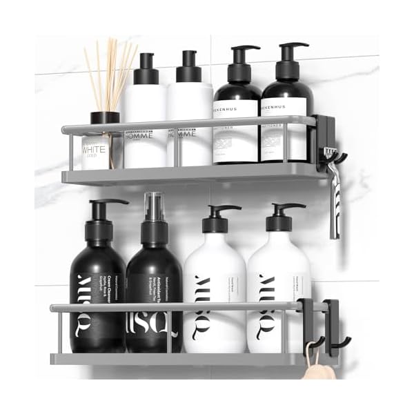 YASONIC Shower Caddy Adhesive, No Drill Bathroom Shower Organizers, with Removable Hooks, Rust Proof Shower Shelves, Wall-Mounted Shower Holder, Grey, 2 Pack